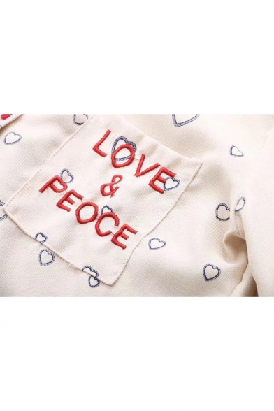Letter Embroidered Detail Pocket Heart Pattern Printed Lapel Collar Long Sleeve Shirt