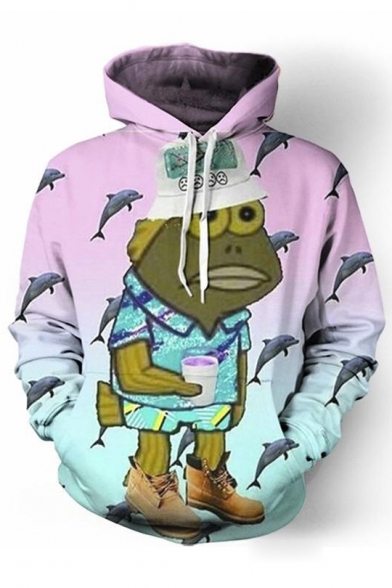 Popular Fish Cartoon Character Dolphin Printed Long Sleeves Pullover Hoodie with Pocket