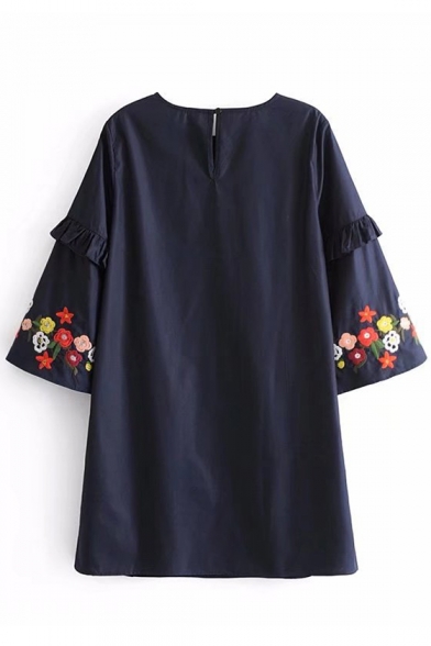 Popular Floral Embroidered Round Neck Ruffle Sleeves Single Button Back Swing Mini Dress