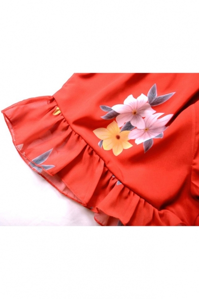 Popular Floral Pattern V-Neck Wrap Front Half Sleeves Ruffle Hem Shorts Romper