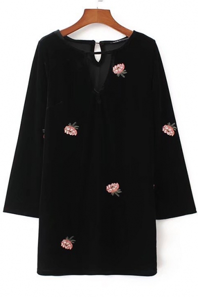 Trendy Floral Embroidered Round Neck Long Sleeve Dress