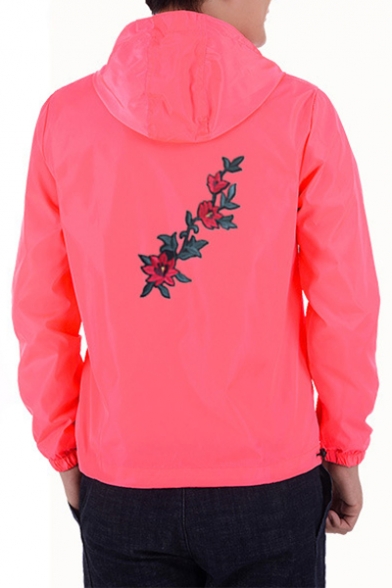 Unisex Floral Embroidered Zippered Hooded Spring Coat with Pockets