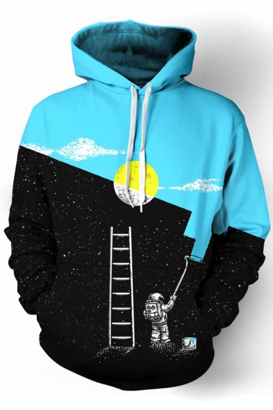 Autumn Fashion Color Block Day Night Astronaut Ladder Galaxy Printed Pullover Hoodie