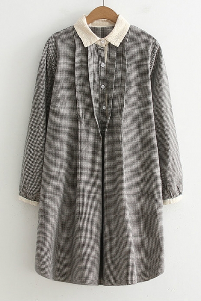 Casual Gingham Plaids Pattern Point Collar Long Sleeves Tunic Shirt with Buttons