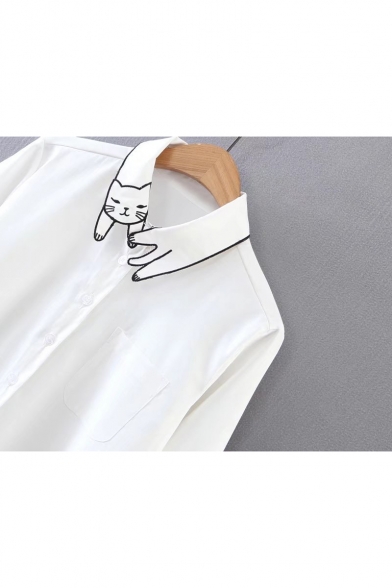 Cat Embroidered Detail Lapel Collar Single Breasted Long Sleeve Shirt with Pocket