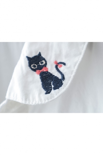 Chic Cat Cartoon Embroidered Long Sleeves Button Down Shirt