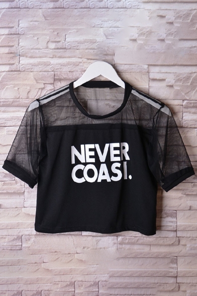 Chic Letter Print Sheer Mesh Insert Round Neck Short Sleeve Cropped Tee