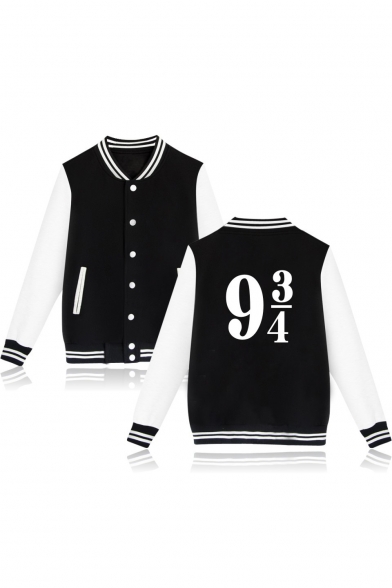 Chic Number Color Block Print Single Breasted Stand-Up Collar Baseball Jacket