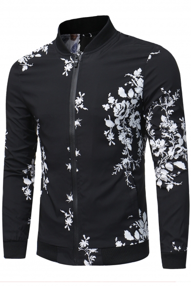 Chinese Style Floral Print Long Sleeve Zipper Stand-Up Collar Jacket