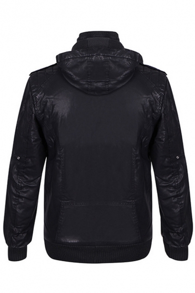 Cool Plain Faux Leather Long Sleeve Hooded Zipper Jacket