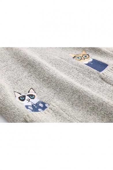 Cute Cat Embroidered Long Sleeve Round Neck Tunic Pullover Sweater