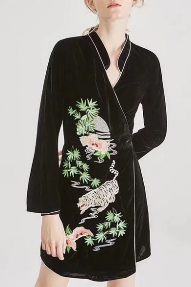 Fabulous Floral Tiger Embroidered V-Neck Bow Belted Wrap Mini Velvet Dress