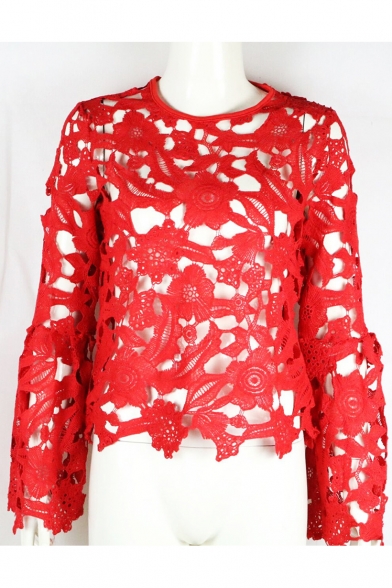 Fancy Floral Lace Panel Hollow Out Wide Sleeves Loose Cropped Blouse