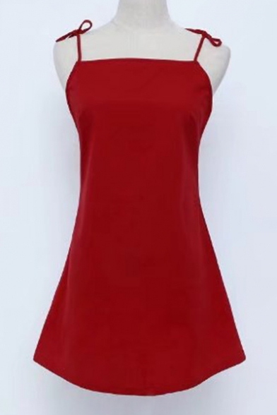 Fashionable Bow Tie Spaghetti Straps Simple Plain Cami Mini Dress