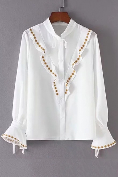 Fashionable Ruffle Snowflake Embroidered Button Down Bell Sleeves Bow Neck Shirt