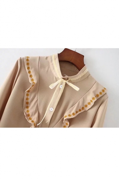 Fashionable Ruffle Snowflake Embroidered Button Down Bell Sleeves Bow Neck Shirt