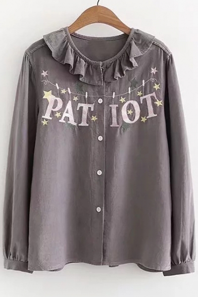 Fashionable Star Letter Embroidered Ruffle Peter Pan Collar Long Sleeve Shirt