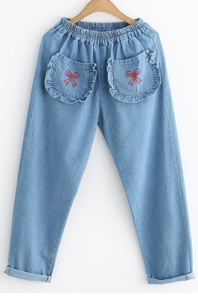 Embroidery Bow Pattern Elastic Waistband Jeans