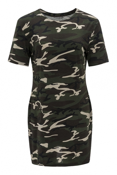 Pop Fashion Camouflaged Pattern Round Neck Short Sleeves Mini Bodycon T-shirt Dress