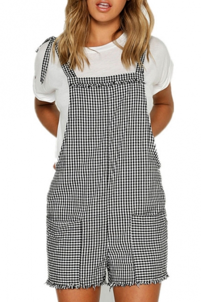 Retro Gingham Plaids Bow Tie V-Back Double Pockets Mini Overall Shorts