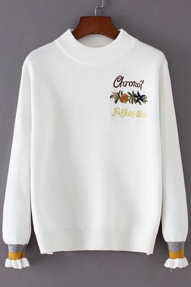 Simple Letter Floral Embroidered Crew Neck Striped Cuffs Long Sleeves Pullover Sweater
