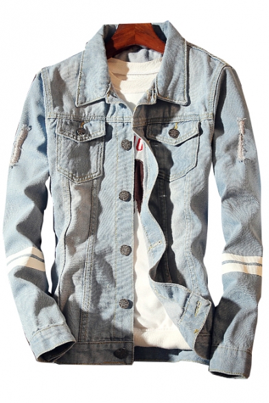 Simple Letter Striped Print Ripped Long Sleeve Single Breasted Lapel Denim Jacket