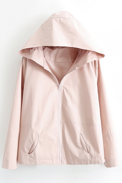 Simple Plain Long Sleeve Zip Up Hooded Loose Coat