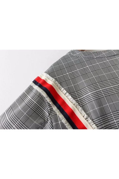 Stylish Checkered Plaids Striped Tassel Embellished Round Neck Cropped Blouse