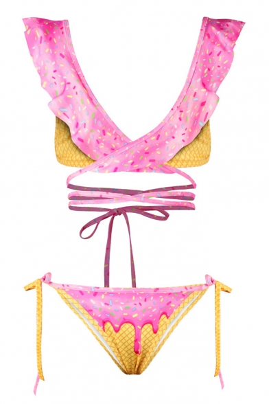 Summer Fashion Ice Cream Pattern V-Neck Tie Waist Bow Ruffle Bikini