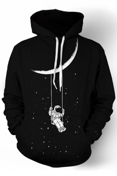 Trendy Galaxy Moon Star Astronaut Printed Long Sleeves Pullover Hoodie with Pocket