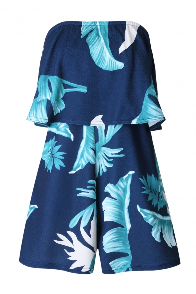 Trendy Leaf Tropical Plant Printed Layered Tiered Wide Leg Romper