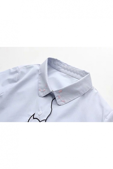 Casual Cat Shaped Embroidery Point Collar Long Sleeves Button Down Shirt