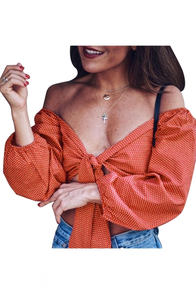 Casual Style Bow Tie Front Off the Shoulder Polka Dot Blouson Sleeves Cropped Blouse