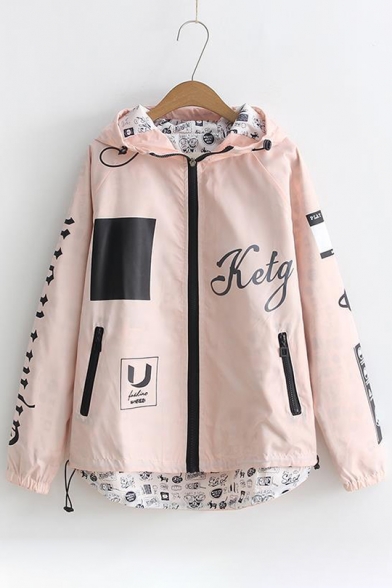 

Chic Letter Hammer Print Long Sleeve Zipper Dip Hem Reversible Hooded Coat, Black;pink;white;yellow