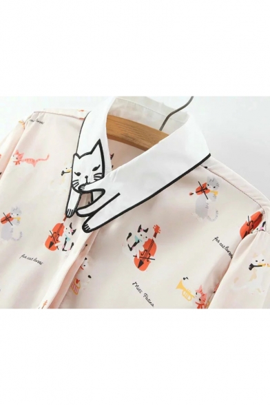 Cute Cat Shaped Collar Cartoon Pattern Long Sleeves Button Down Shirt