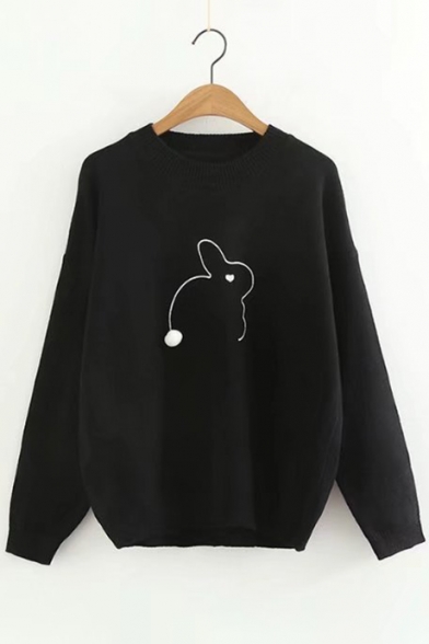 Cute Cartoon Rabbit Pattern Long Sleeve Round Neck Pullover Sweater with Pom-Pom
