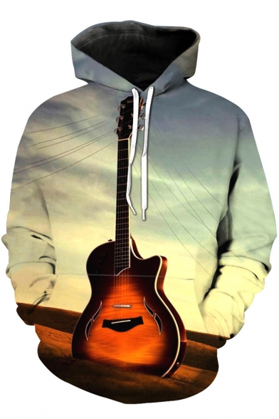 Fancy Guitar Printed Long Sleeves Pullover Leisure Hoodie with Pocket