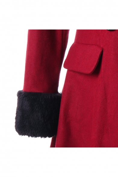Ladylike High Neck Double Breasted Fur Trimmed Longline Coat with Bow & Cape