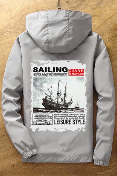 New Stylish Boat Letter Print Long Sleeve Zipper Hooded Coat