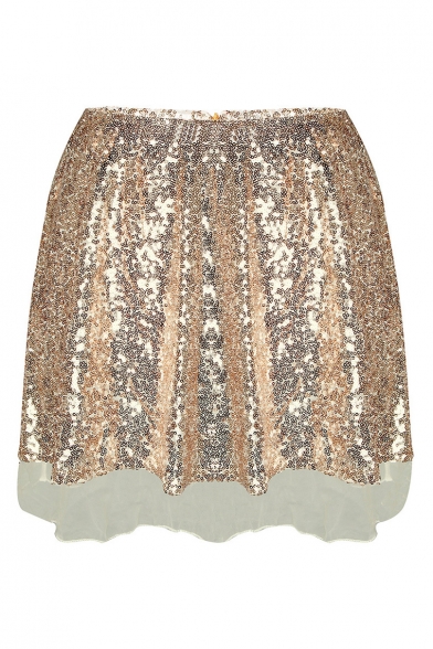 New Stylish Sequined Plain Zip Fly Mini A-Line Skirt