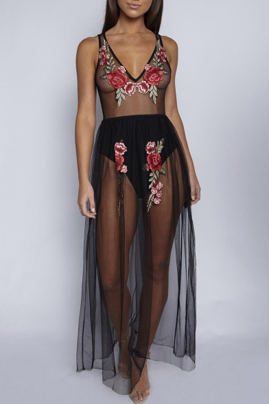 New Trendy Floral Embroidered Sexy Sheer Mesh Panel One Piece Dress Swimwear