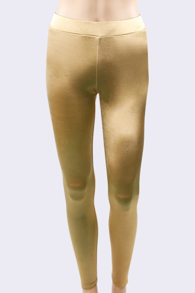 Pop Fashion Elastic Waist Slim-Fit Plain Gold Leggings