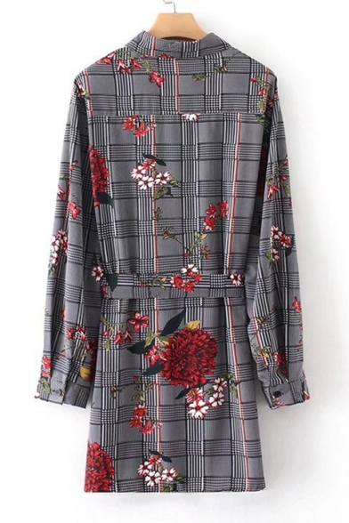 Retro Plaid Floral Print Tie Waist Lapel Long Sleeve Button Shirt Dress