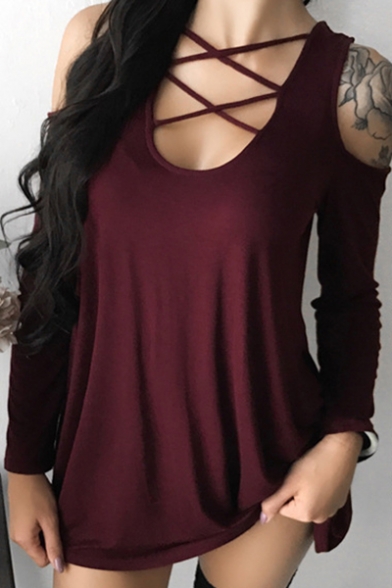 Sexy Hollow Lace-up Scoop Neck Cold Shoulder Long Sleeves Plain Autumn Tee