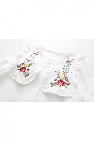 Trendy Floral Embroidered Long Sleeves Button Down Girly Loose Shirt