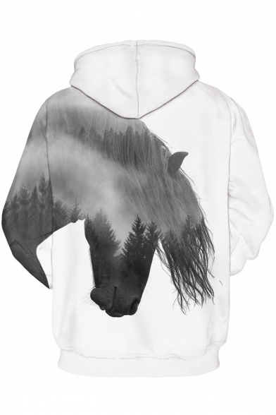 Trendy Horse Forest Landscape Pattern Long Sleeves Pullover Monochrome Hoodie with Pocket