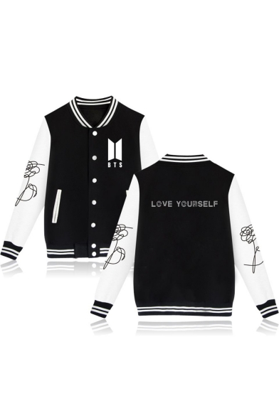 Trendy Letter Color Block Print Single Breasted Stand-Up Collar Baseball Jacket