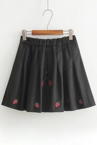 Cheery Embroidered Elastic Waist Woolen Pleated Mini Skirt
