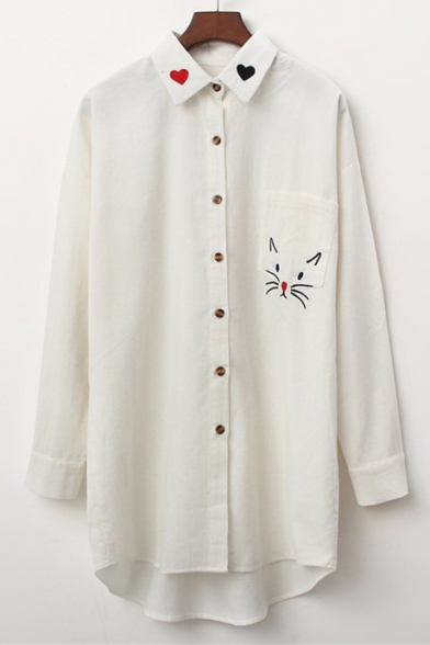 Chic Sweetheart Cat Embroidered Long Sleeves Button Down Tunic Shirt