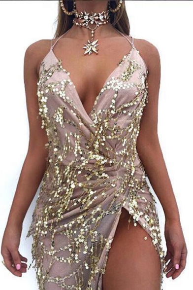 sequin halter dress with open back